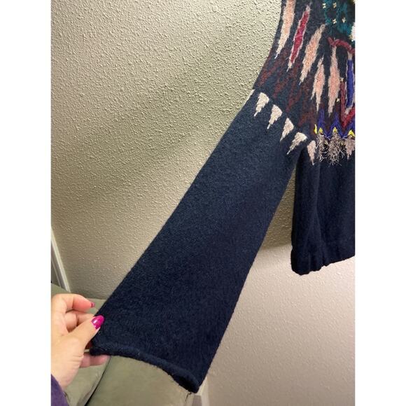 Free People Women Blue Black Embellished Bell Sleeve Full Zip Cardigan Size L - Picture 4 of 7